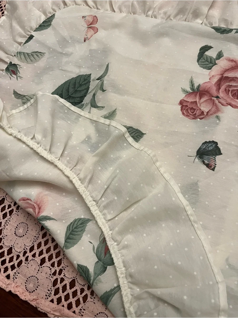 Cream Floral Rose Ruffle Pillowsham with Butterflies